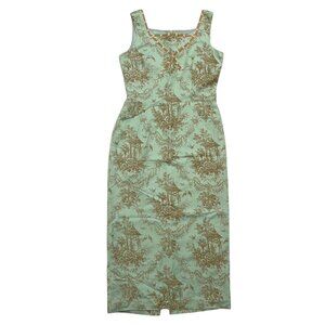 Vintage Jessica Howard Linen Blend Floral Bird Print Midi Dress‎ Aqua Size 6